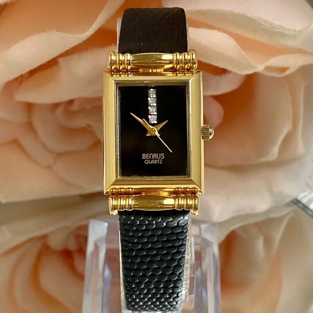 Vintage Benrus Diamond Accented Dial Dress Watch with Leather Strap